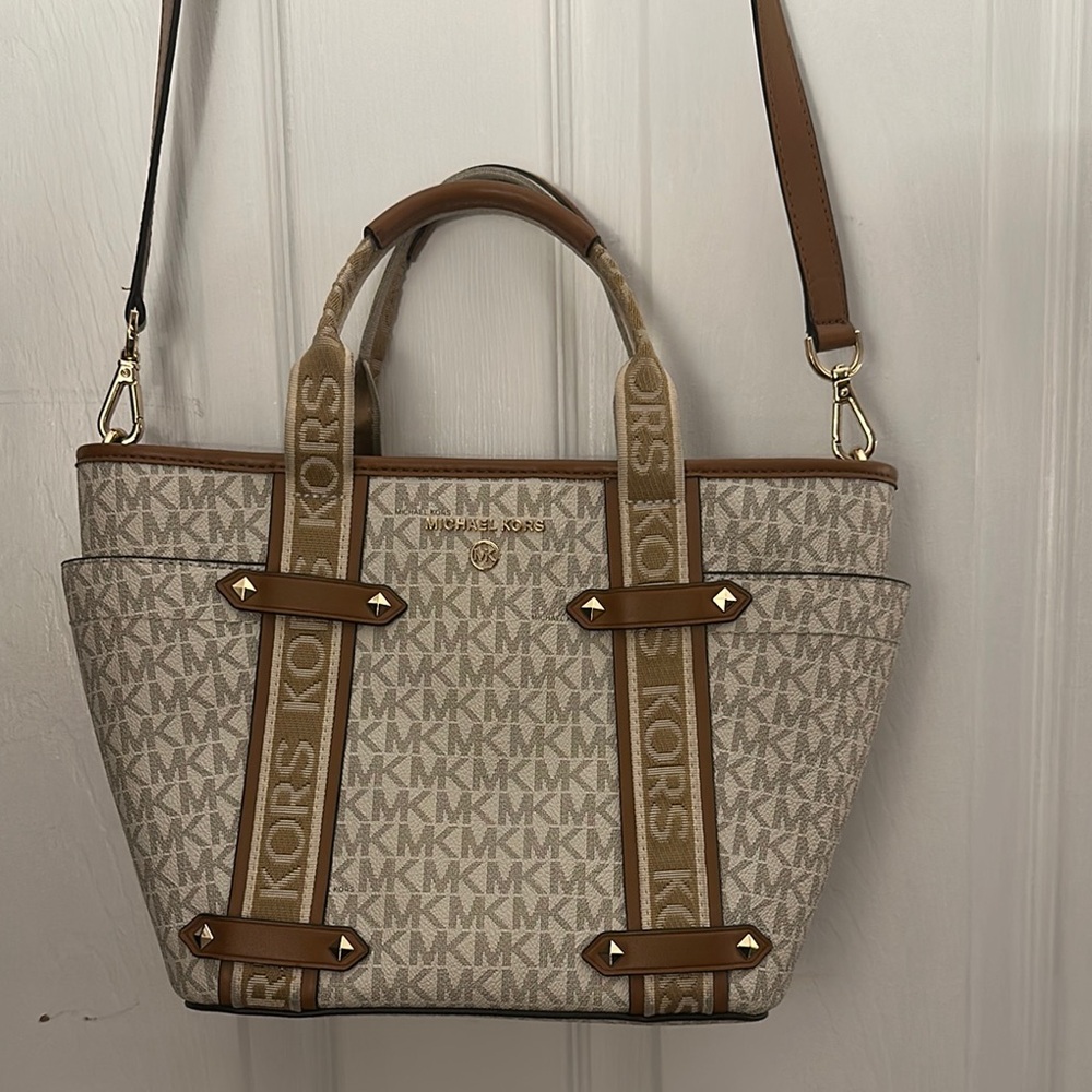 Michael Kors Brown and Cream Tote Bag with Monogram Print